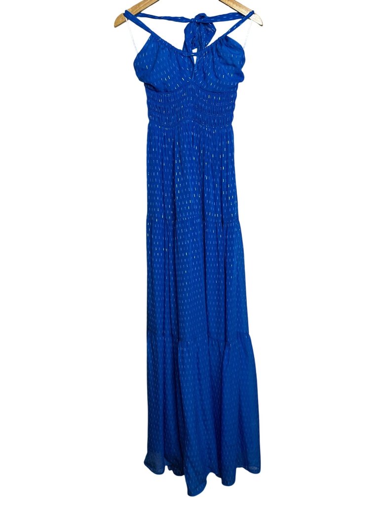 Intermix Cobalt Blue Shimmer Halter Maxi Dress Silk Open Back Goddess Gown Xs